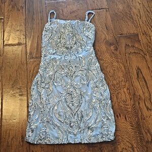 Embellished Light Blue Sequin Mini Dress Size 3/4